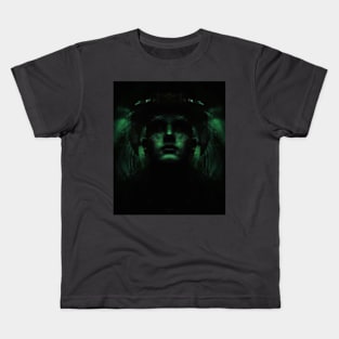 Portrait, digital collage, special processing. Dark, strong. Guy face looking up high. Fantasy. Green. Kids T-Shirt